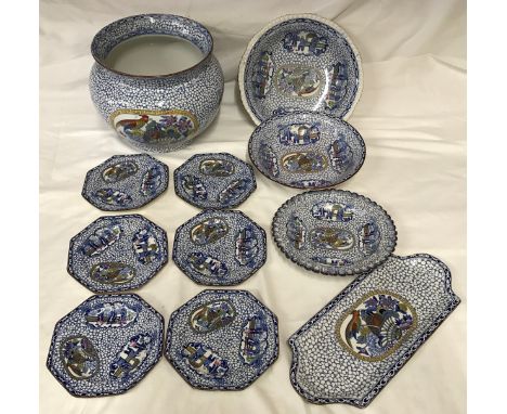 A selection of William Adams "Chinese bird" pottery to include a large jardinere 21cms h, bowl 26cms d, small bowl 22cms d, d