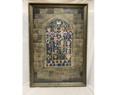 A framed print from Harrods of a stained glass Church window with butterfly wing decoration. Signed indistinctly. 75 x 49cms.