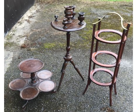 Furniture items to include a lazy Susan 2 tier service stand on cabriole legs 41cms h x 46cms w approx, a walnut 3 tier plant