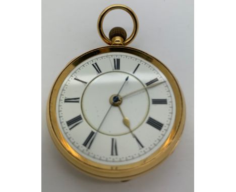 An 18ct gold cased pocket watch with enamel face and Roman numerals, maker I.J.T.N Isaac Jabez Theo Newsome, Chester 1894. 10