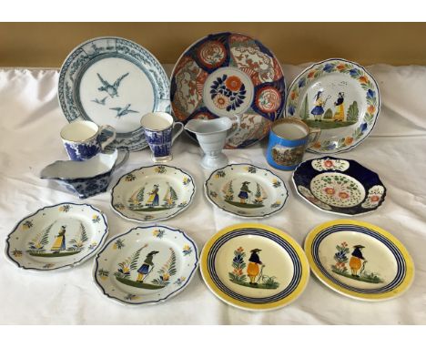 Pottery selection, large Imari patter plate 31cms w, 19thC blue and white plate with Mallard ducks design 30cms w, small Vict