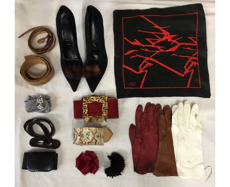A selection of vintage costume to include a pair of black suede Panda Debrett model shoes size 6 stamped to sole with mink fu
