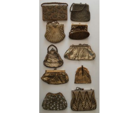 A collection of 10 gold coloured handbags to include 3 x chainmail, 6 x beaded and sequined by Le Soir and Carolyn Barton and