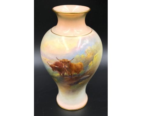 A Royal Worcester hand painted vase of Highland cattle signed J Stinton 15cms h.Condition ReportVery good condition.