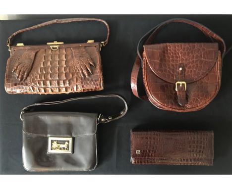 Four Brown leather handbags to include a crocodile skin with detail and a matching mirror inside 28cms w, a clutch crocodile 