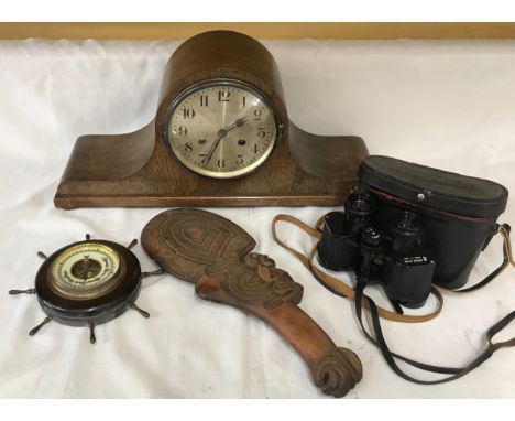 A miscellany to include an oak mantle clock 52cms w x 25cms h, a ship's barometer 19cms w, a pair of Russian 8 x 50 binocular