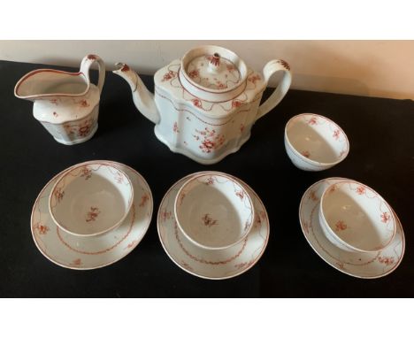 A Newhall silver shaped teapot circa 1790, jug, four tea bowls and three saucers.Condition ReportTeapot a/f. One saucer and o