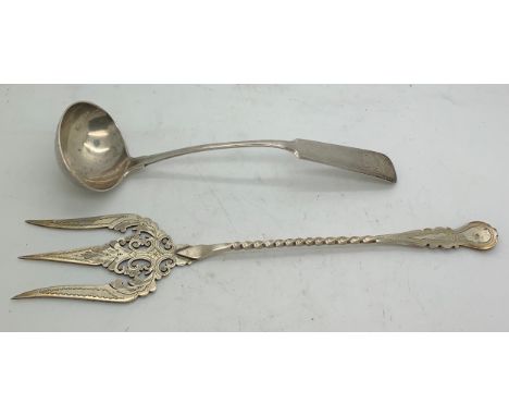 Silver toddy ladle, Aberdeen possibly by James Erskine C1800 together with a pickle fork, Sheffield 1900, maker Henry William