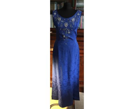 A cobalt blue damask print crepe long dress with beading to front and back neckline size 10Condition ReportGood condition, lo