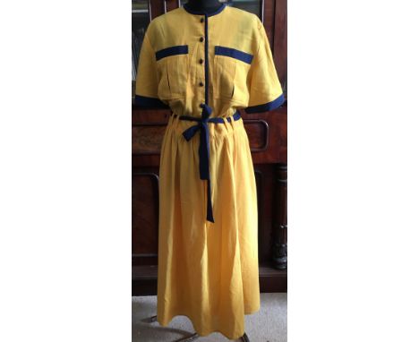 A selection of vintage fashion to include a Haridn Donaldson yellow linen dress with blue trim and belt, a Boules light blue 
