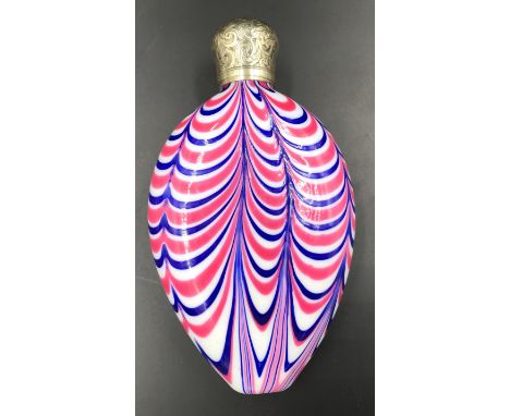 A Nailsea glass multi coloured flask with silver plated mount top. Approx 20cms h.Condition ReportCrack to glass inside top, 