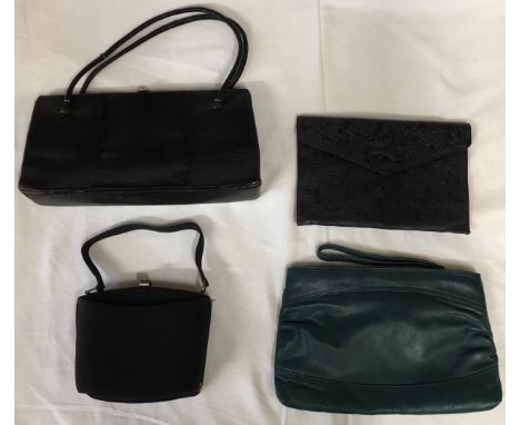 A selection of handbags to include a green leather clutch handbag by Toni 29cms w, an early fabric box handbag with clip clas