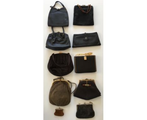 A collection of 9 black and brown handbags and purses to include 5 x black leather and suede bags one with "E" to front, 2 x 