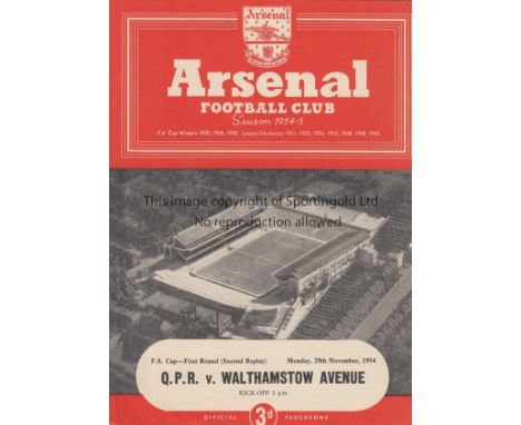AT ARSENAL    Arsenal programme, QPR v Walthamstow Ave, 29/11/54, Cup second replay at Highbury, four page issue, no writing,