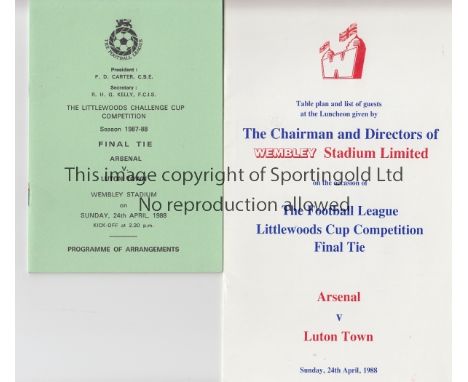 LEAGUE CUP FINAL 1988               Programme of Arrangements and 8 Page Table Plan and Guest List with Special Car Park Tick