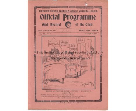 TOTTENHAM - BIRMINGHAM 1927    Tottenham home programme v Birmingham, 27/8/1927, two pencil tip punch holes at top of cover. 