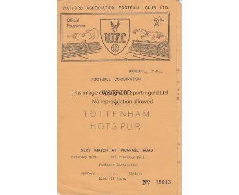 WATFORD -TOTTENHAM   Four page Watford Reserves home programme v Tottenham Res, 28/1/61.  Good