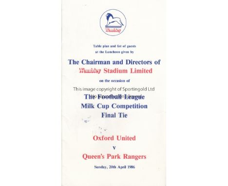 LEAGUE CUP FINAL 1986      8 Page Table Plan and Guest List League Cup Final at Wembley between Oxford United and Queen's Par