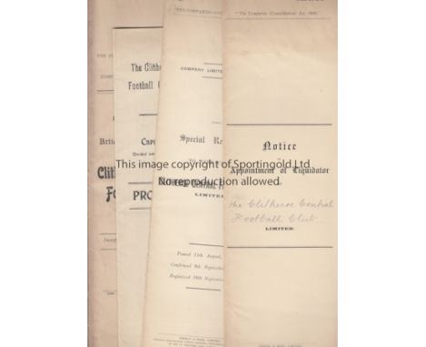 CLITHEROE CENTRAL   Four legal printed documents relating to the short life of this Pennine football club, Clitheroe Central.