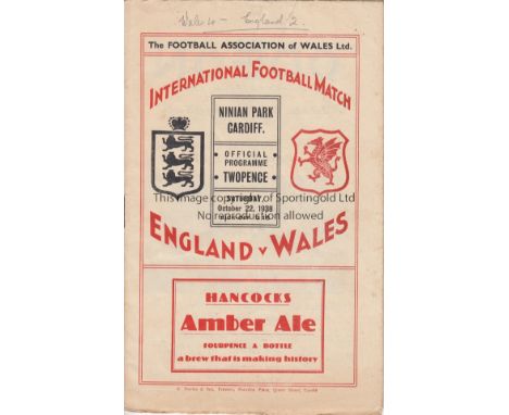 WALES - ENGLAND 1938   Wales home programme v England, 22/10/1938, at Ninian Park, Cardiff, score noted in pencil on cover, E