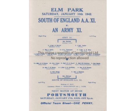 WARTIME 1942   Reading single sheet programme, South of England AA XI v Army XI, 10/1/42 at Elm Park, Army team includes Thom