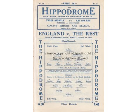 ENGLAND - THE REST 1929     Sheffield Wednesday programme, England v The Rest, 4/2/1929 at Hillsborough, 16 page programme, E
