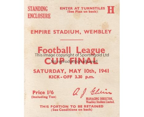 WAR CUP FINAL 1941       Ticket War Cup Final Arsenal v Preston North End at Wembley 10th May 1941. Very small indentation at