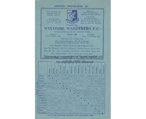 WYCOMBE - SPURS 60    Wycombe Wanderers programme v Tottenham, friendly 24/12/60 (Christmas Eve), Hollowbread, Hopkins, March
