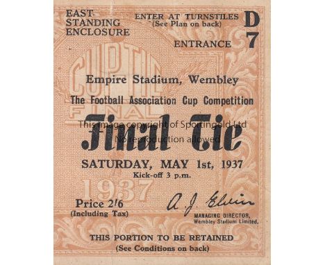 FA CUP FINAL 1937  Ticket Cup Final Preston North End v Sunderland at Wembley 1st May 1937. Light vertical fold.        Gener