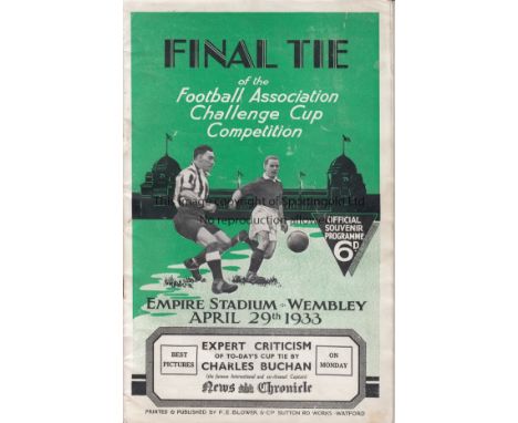 FA CUP FINAL 1933  Programme Cup Final Everton v Manchester City at Wembley 29th April 1933. Light staple rust. No writing.  