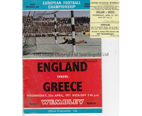 ENGLAND - GREECE  71  Programme, match ticket (steward) and leaflet from protesting Greek fans from the England v Greece matc