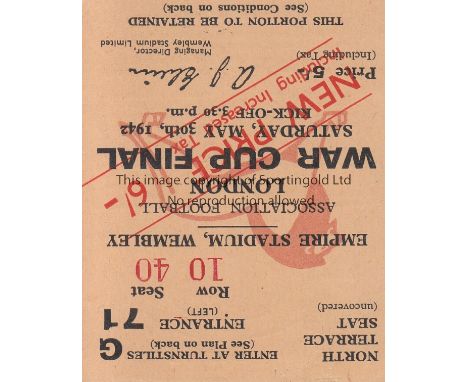 WAR CUP FINAL 1942   Ticket War Cup Final Portsmouth v Brentford at Wembley 30th May 1942. Generally good                    