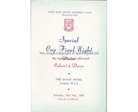 WEST HAM   Menu from the dinner given by West Ham at the Savoy Hotel, London after their FA Cup triumph over Arsenal on 10th 