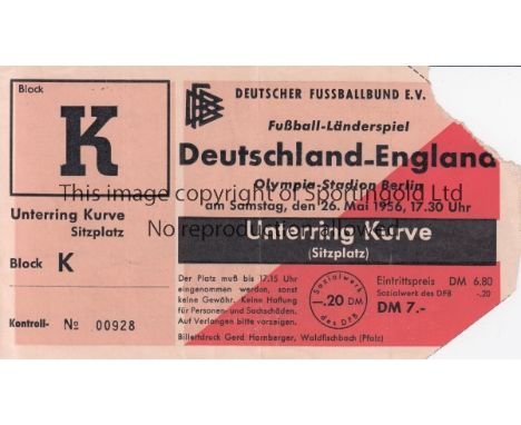 GERMANY- ENGLAND 56   Match ticket Germany v England, 26/5/56 in Berlin, seat for the game, Block K, corner pieces removed up