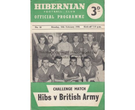 HIBS - BRITISH ARMY 58   Hibernian home programme v British Army, 10/2/58 , postponed because of snow and used with partial u