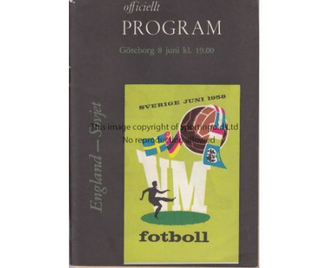 WORLD CUP 58   Programme, England v Soviet Union, 8/6/58 in Goteborg, , the game was drawn 2-2,  staple removed.  Good