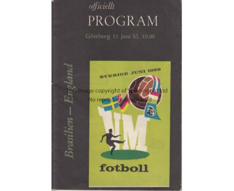 WORLD CUP 58     Programme Brazil v England, 11/6/58 in Goteborg, the game ended 0-0, no writing.  Good