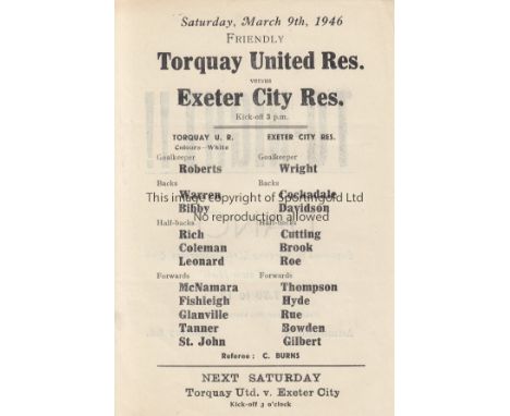 TORQUAY/EXETER   Single sheet programme Torquay United Reserves v Exeter City Reserves friendly match 9th March 1946. Good   