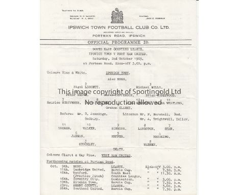 IPSWICH/WEST HAM   Single sheet programme Ipswich Town v West Ham United 2nd October 1965. South East Counties League. Light 