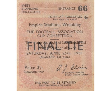 FA CUP FINAL 1931 Ticket Cup Final Birmingham City v West Bromwich Albion at Wembley 25th April 1931. Some light ageing.     