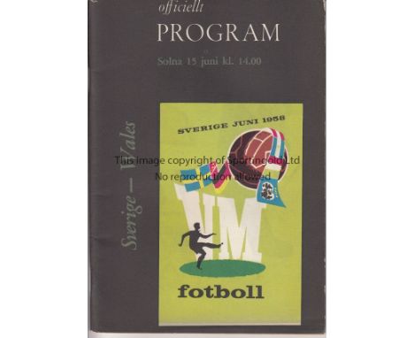 WORLD CUP 58   Programme, Sweden v Wales, 15/6/58 in Stockholm, the match ended 0-0, slight ageing.  Good