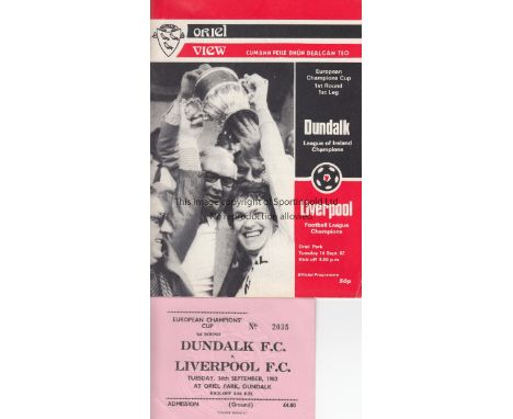 DUNDALK - LIVERPOOL 1982    Programme and match ticket, Dundalk v Liverpool, 14/9/82, European Cup. Ticket has slight fold, p