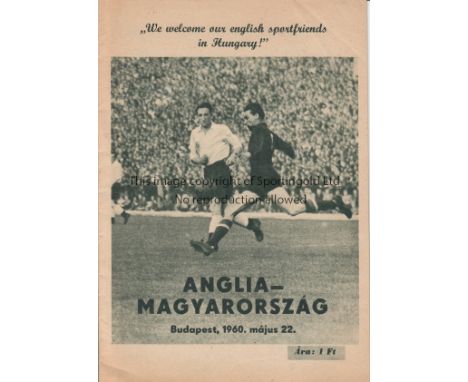 HUNGARY-ENGLAND 60   Hungary home programme v England, 22/5/60 in Budapest, Hungary won 2-0. slight crease.  Good
