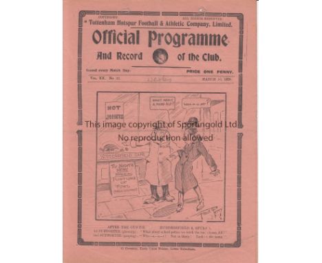 TOTTENHAM - DERBY 1928   Tottenham home programme v Derby, 10/3/1928, pencil tip punch holes to top of cover, minor folds.  F