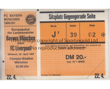 BAYERN - LIVERPOOL 1981    Match ticket , complete, Bayern Munchen v Liverpool, 22/4/61, European Cup Semi-Final, counterfoil