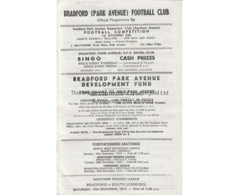 BRADFORD PA 1972    Bradford Park Avenue scarce postponed match home programme v South Liverpool, 16/12/72, Northern Premier 