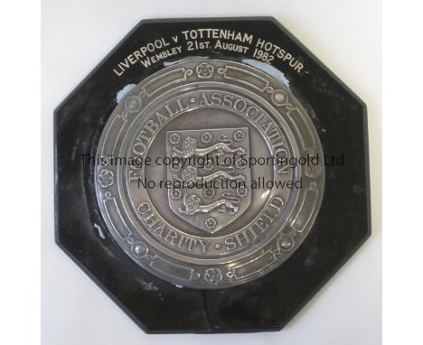 CHARITY SHIELD 1982   Plaque for the 1982 Charity Shield, Liverpool v Tottenham awarded to Tony Galvin of Tottenham who lost 