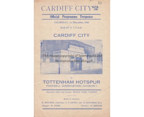 CARDIFF - TOTTENHAM   Four page Cardiff Reserves home programme v Tottenham Reserves, 1/12/60, very small punch-holes, team c