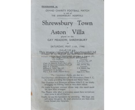 SHREWSBURY/VILLA   4 Page programme Shrewsbury Town v Aston Villa Charity match in aid of the Shrewsbury Hospitals 11th May 1