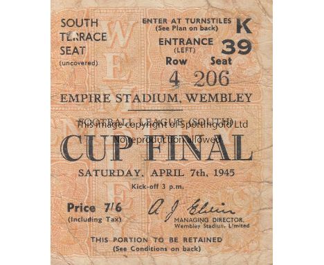 WAR CUP FINAL 1945   Ticket War Cup Final Chelsea v Millwall at Wembley 7th April 1945. A little worn with score on reverse. 